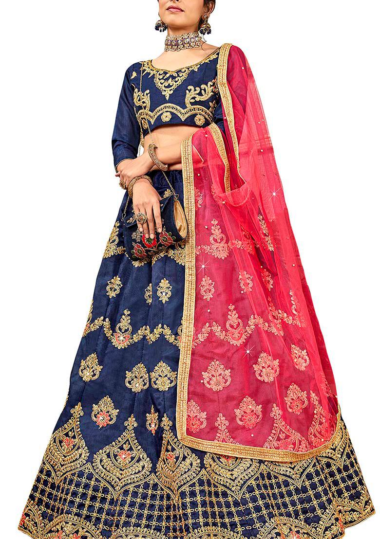 Blue Embroidered Bangalori Silk Lehenga Set