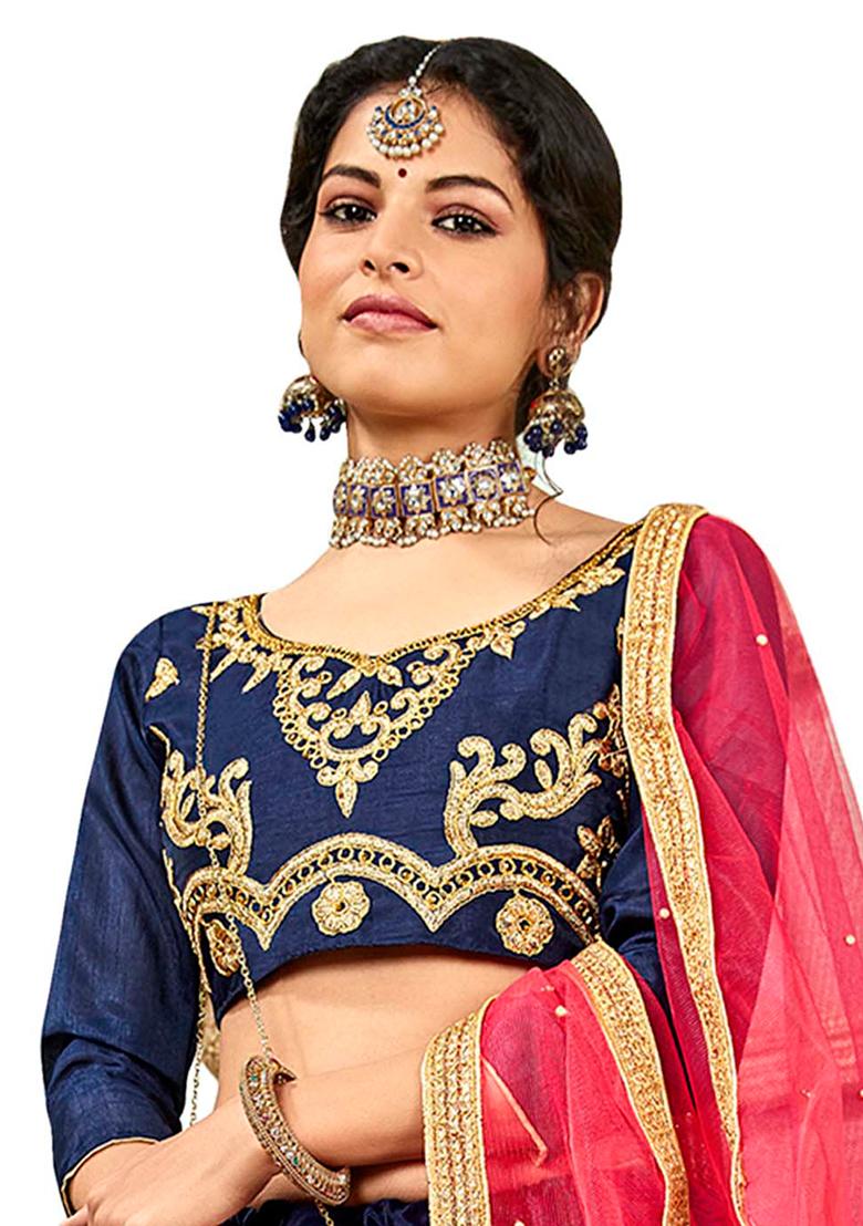 Blue Embroidered Bangalori Silk Lehenga Set - Indya