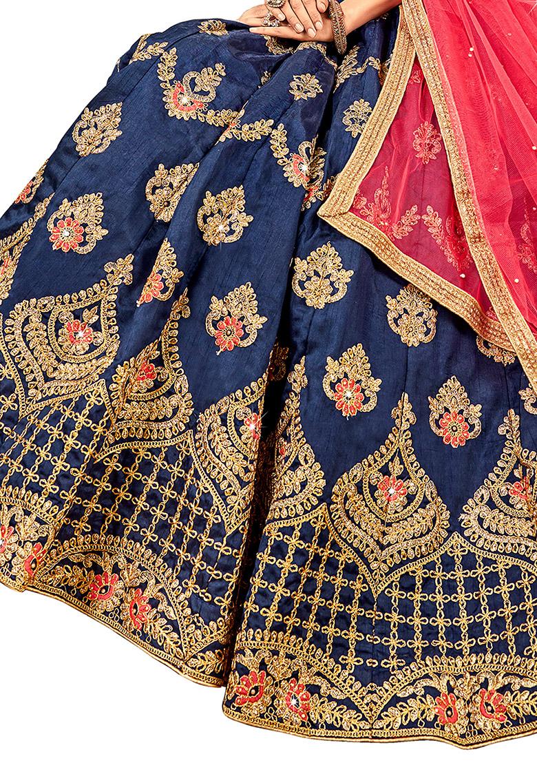 Blue Embroidered Bangalori Silk Lehenga Set