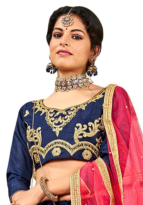 Blue Embroidered Bangalori Silk Lehenga Set