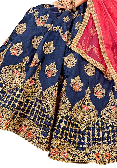 Blue Embroidered Bangalori Silk Lehenga Set