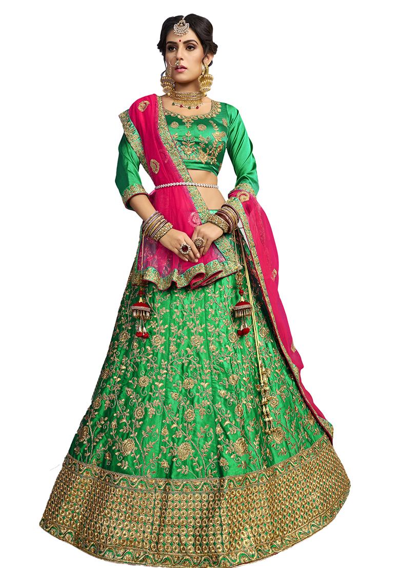 Green Embroidered Satin Silk Lehenga Set