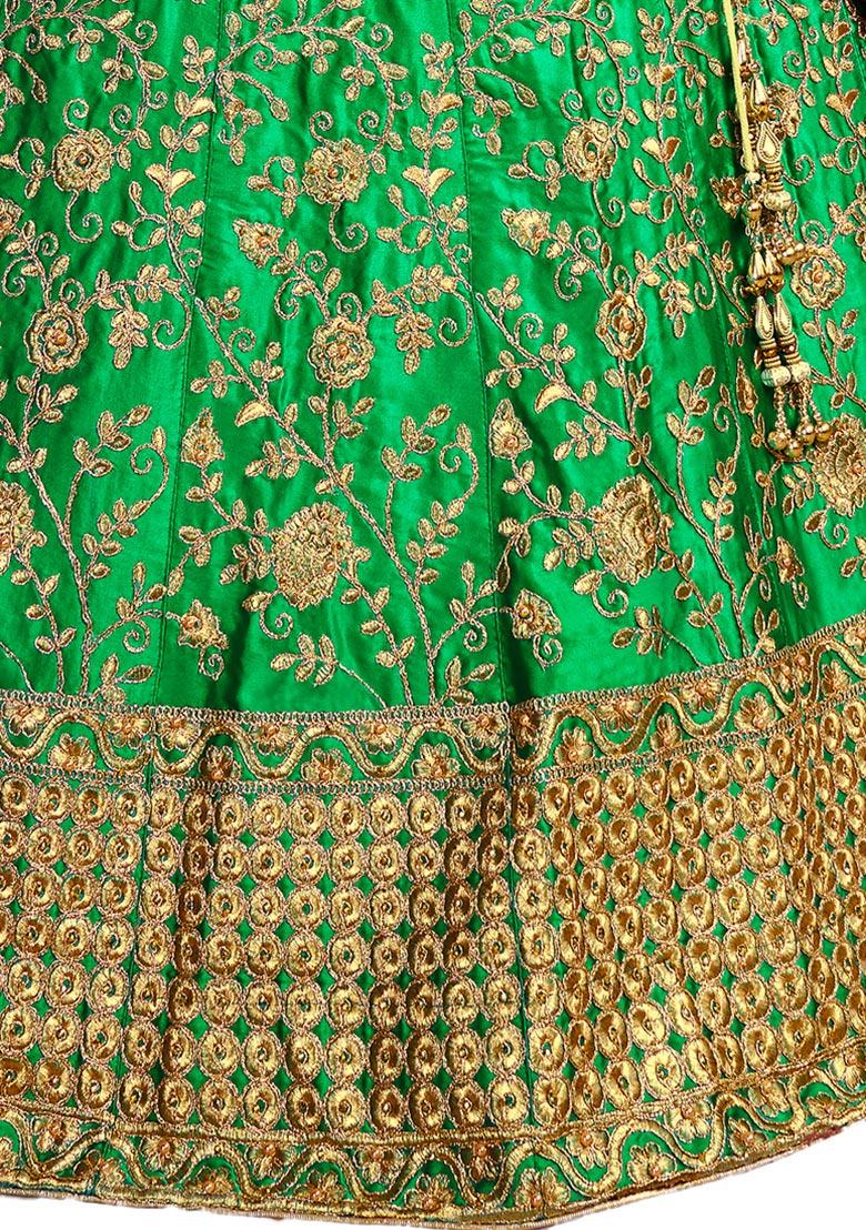Green Embroidered Satin Silk Lehenga Set