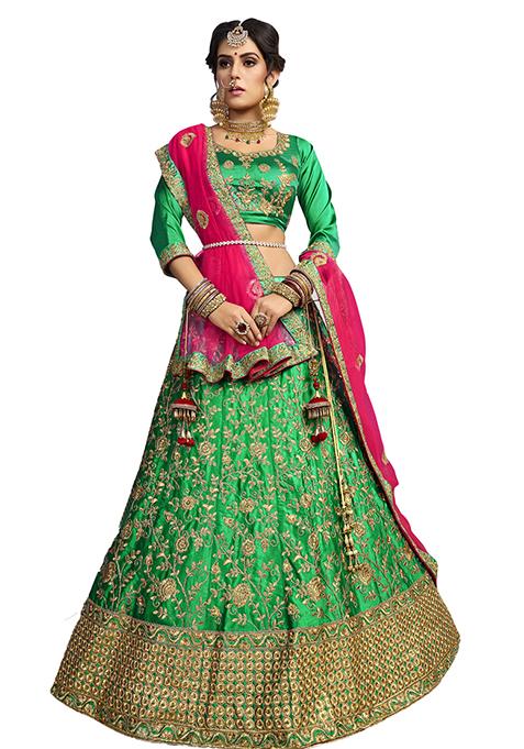 Green Embroidered Satin Silk Lehenga Set