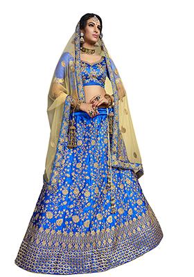 Blue Embroidered Satin Silk Lehenga Set