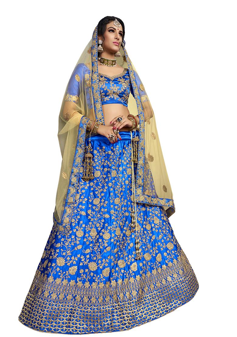 Blue Embroidered Satin Silk Lehenga Set
