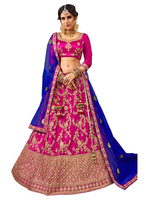 Purple Embroidered Satin Silk Lehenga Set