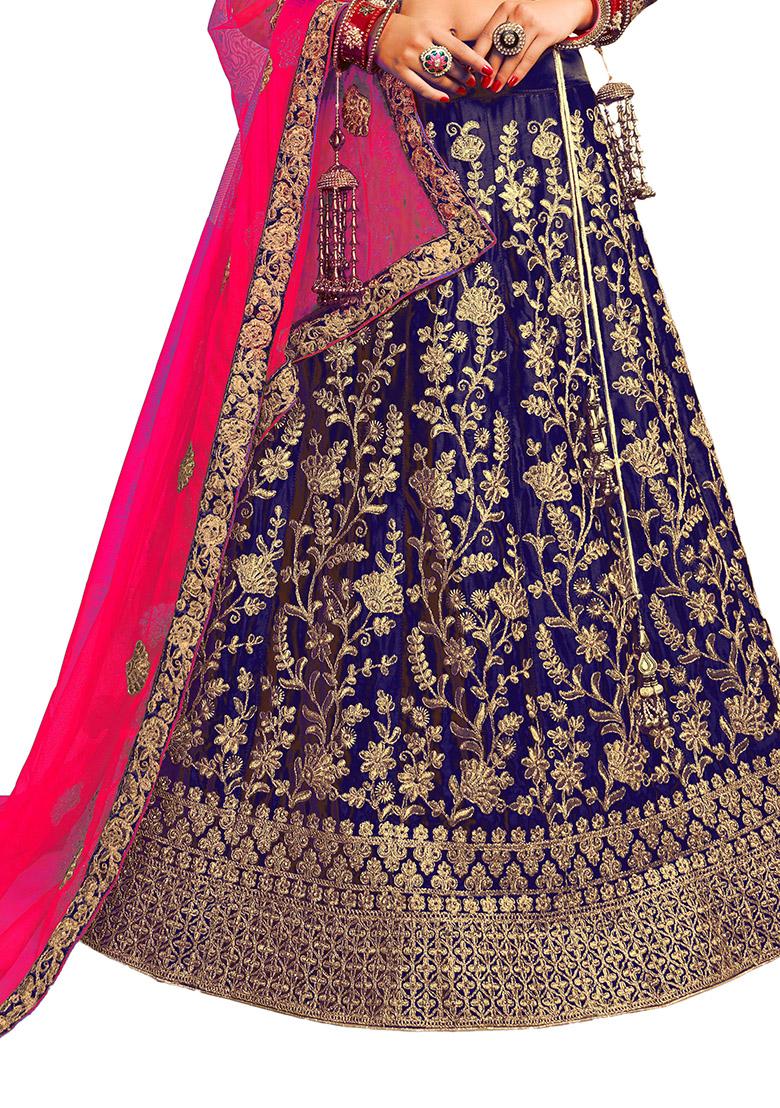Blue Embroidered Satin Silk Lehenga Set - Indya