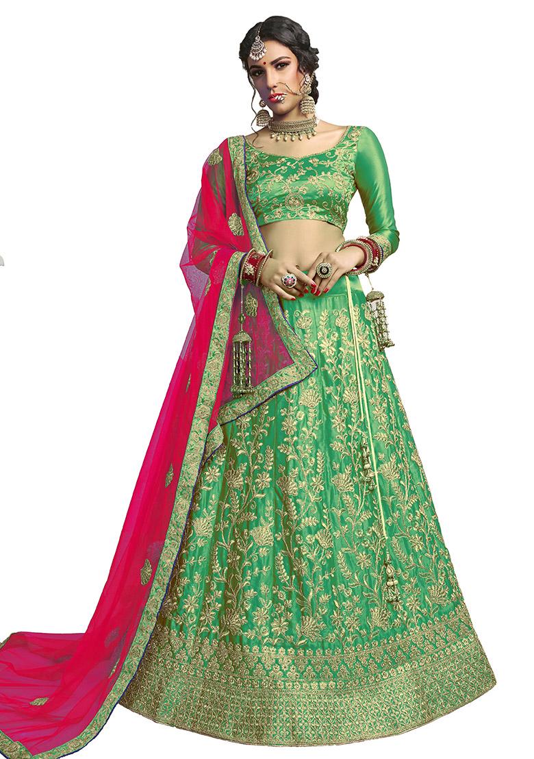 Green Embroidered Satin Silk Lehenga Set