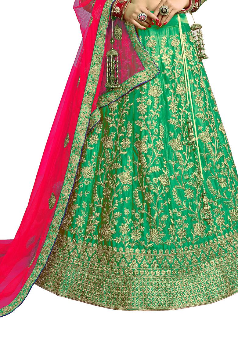 Green Embroidered Satin Silk Lehenga Set