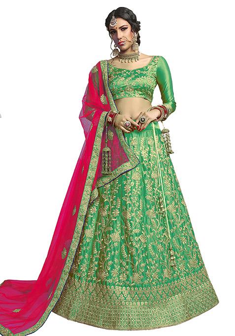 Green Embroidered Satin Silk Lehenga Set