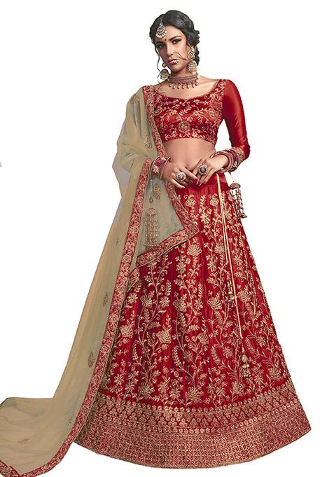 Maroon Embroidered Satin Silk Lehenga Set