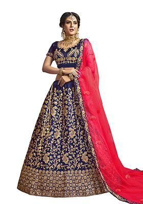 Blue Embroidered Satin Silk Lehenga Set