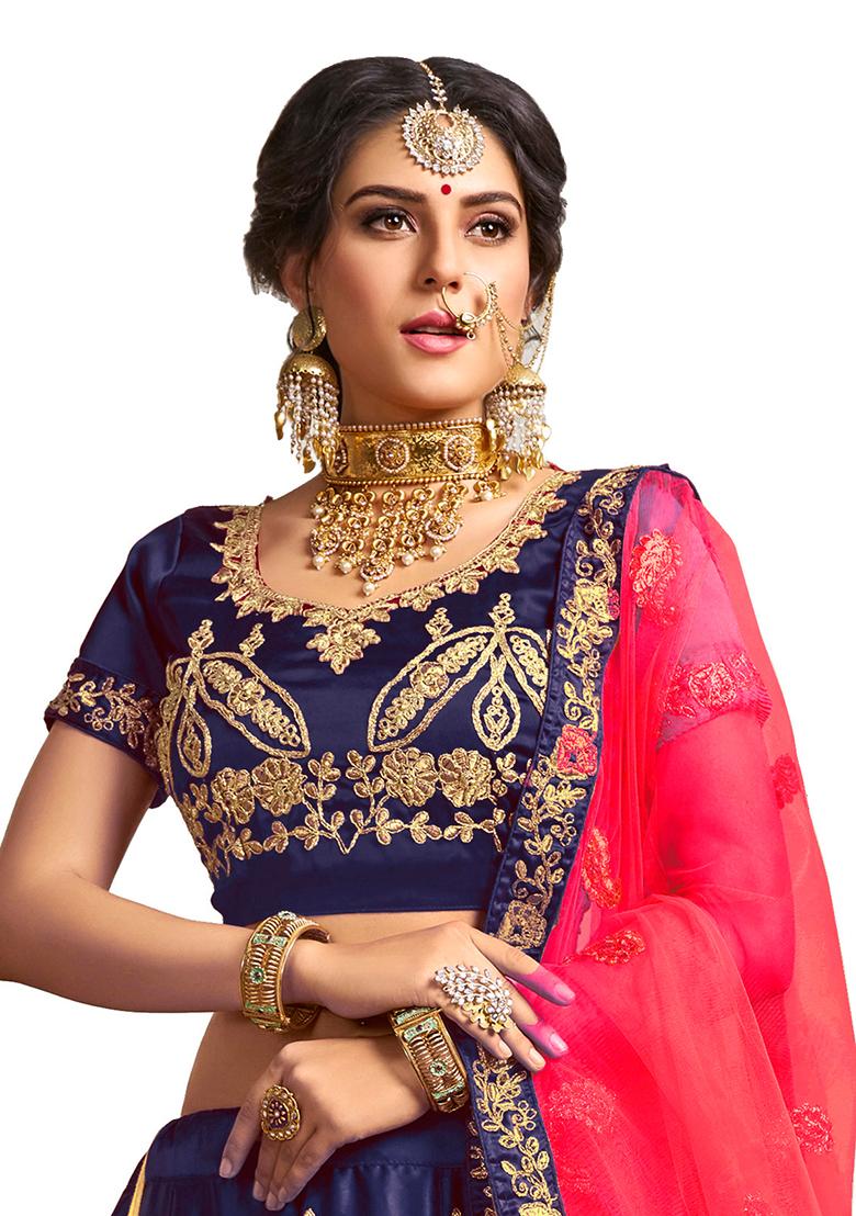 Blue Embroidered Satin Silk Lehenga Set - Indya