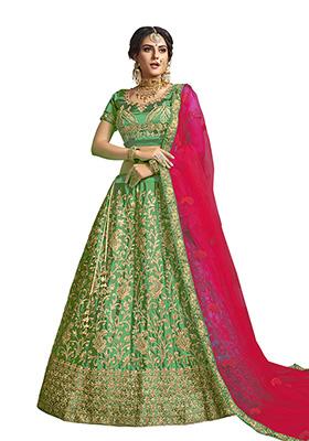 Green Embroidered Satin Silk Lehenga Set