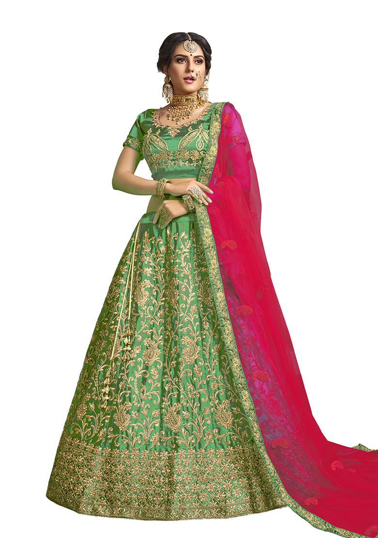 Green Embroidered Satin Silk Lehenga Set