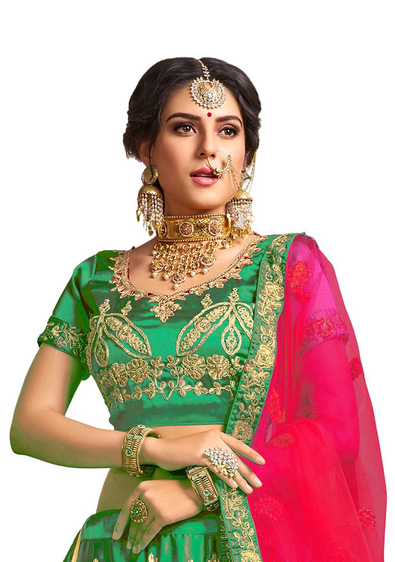 Green Embroidered Satin Silk Lehenga Set