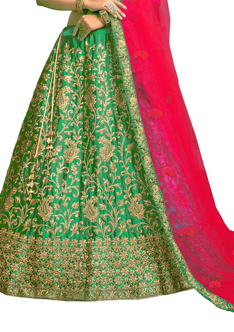 Green Embroidered Satin Silk Lehenga Set