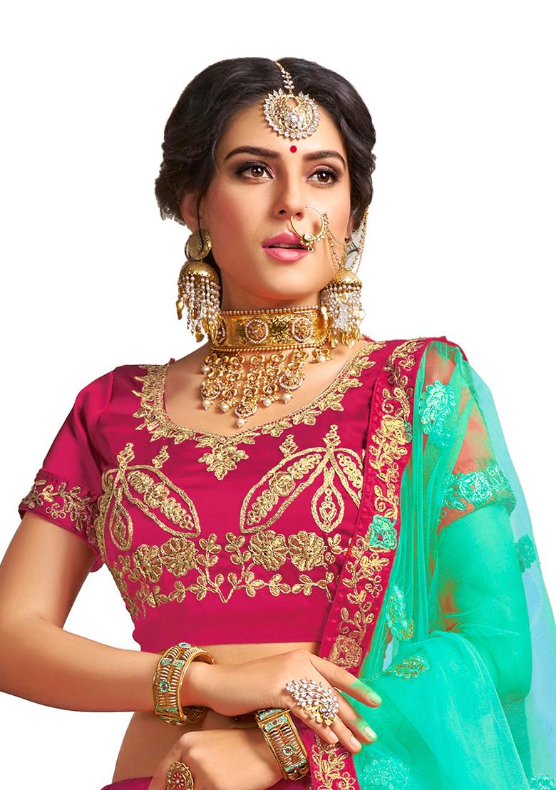 Pink Embroidered Satin Silk Lehenga Set