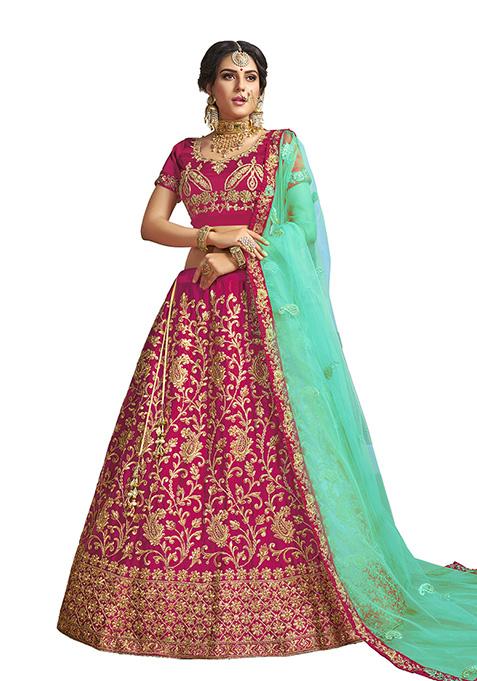 Pink Embroidered Satin Silk Lehenga Set