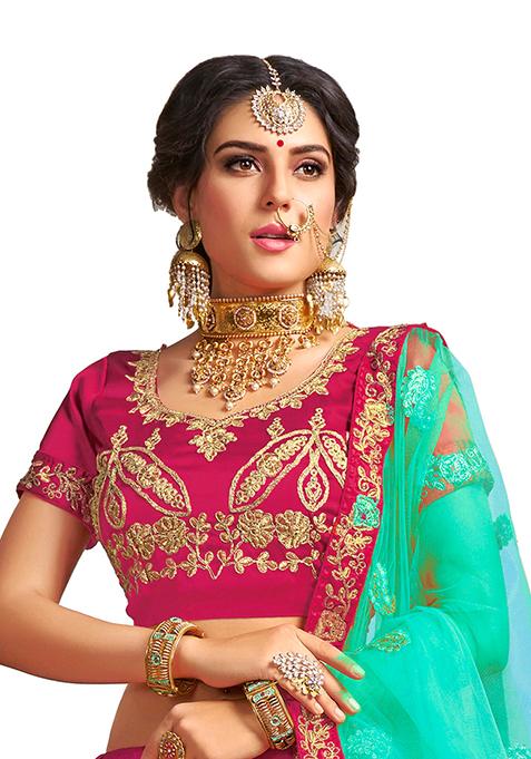 Pink Embroidered Satin Silk Lehenga Set