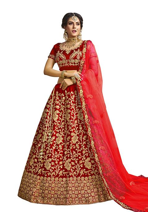 Red Embroidered Satin Silk Lehenga Set