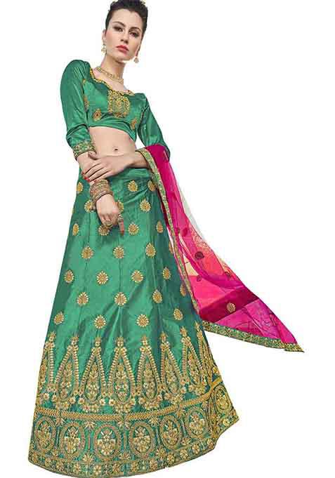 Green Embroidered Silk Lehenga Set