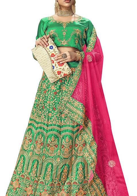 Green Embroidered Satin Silk Lehenga Set