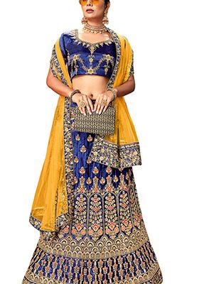 Blue Embroidered Satin Silk Lehenga Set