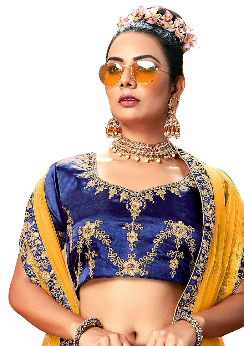 Blue Embroidered Satin Silk Lehenga Set - Indya