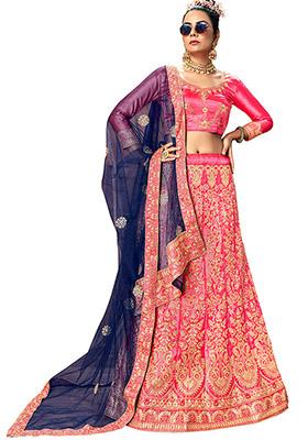 Pink Embroidered Satin Silk Lehenga Set