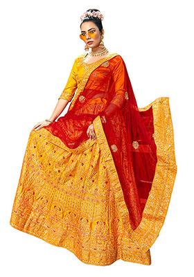 Mustered Embroidered Satin Silk Lehenga Set