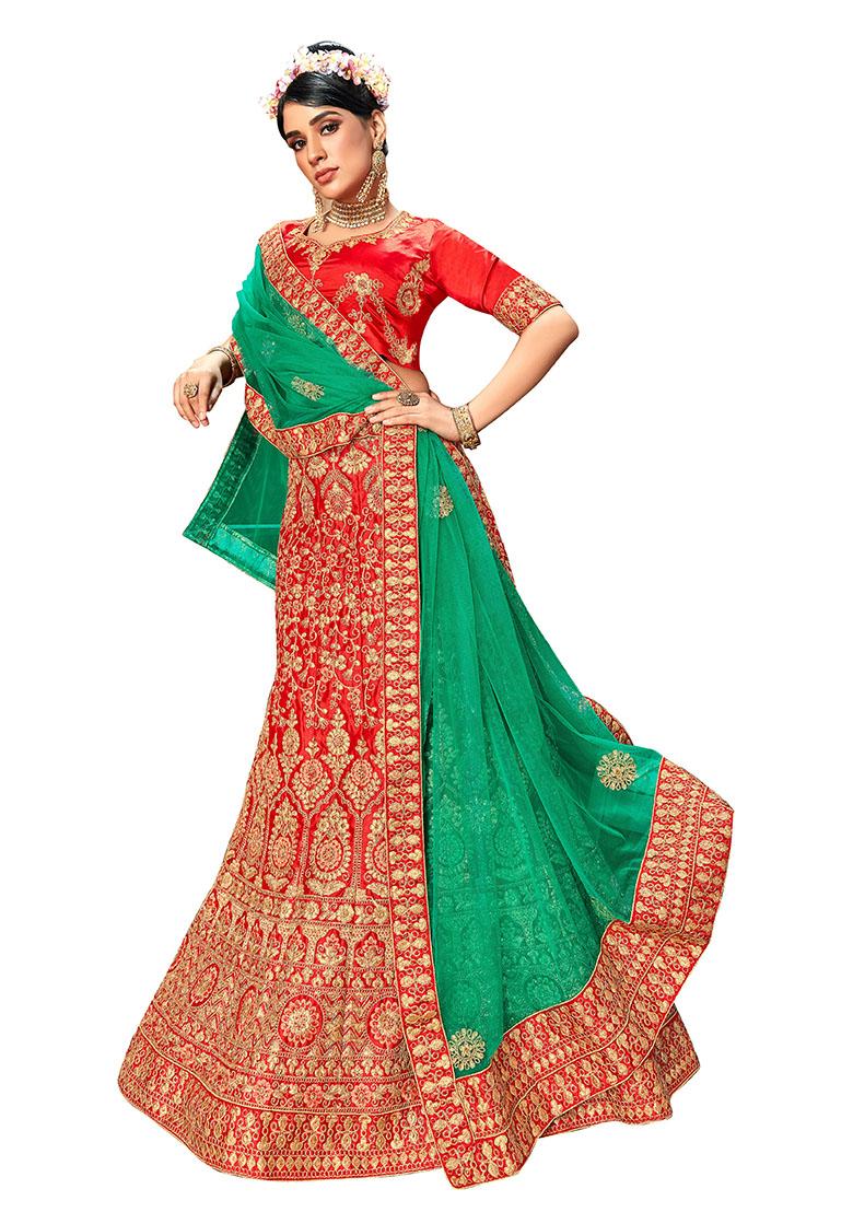 Red Embroidered Satin Silk Lehenga Set