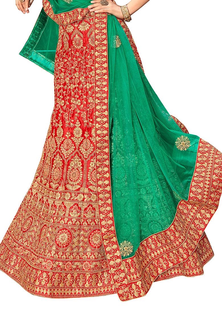 Red Embroidered Satin Silk Lehenga Set