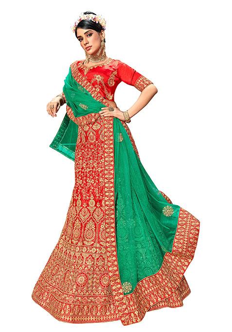 Red Embroidered Satin Silk Lehenga Set