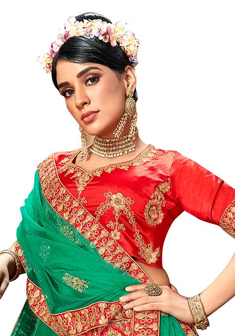 Red Embroidered Satin Silk Lehenga Set