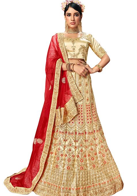 Beige Embroidered Satin Silk Lehenga Set