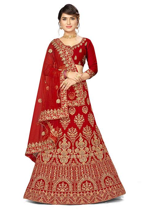 Red Embroidered Velvet Lehenga Set