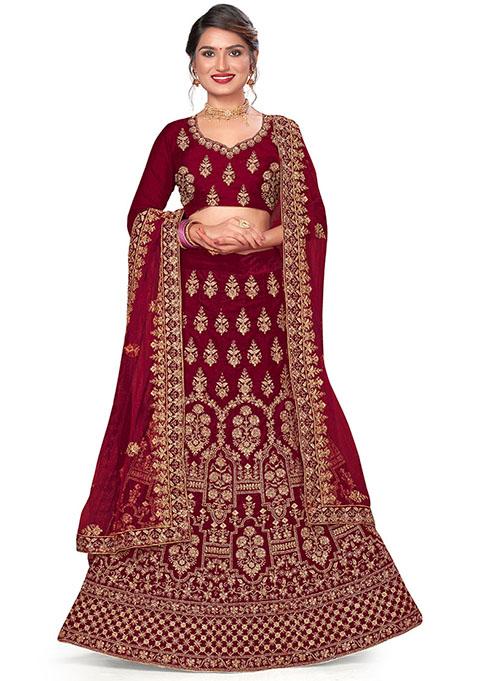 Maroon Embroidered Velvet Lehenga Set