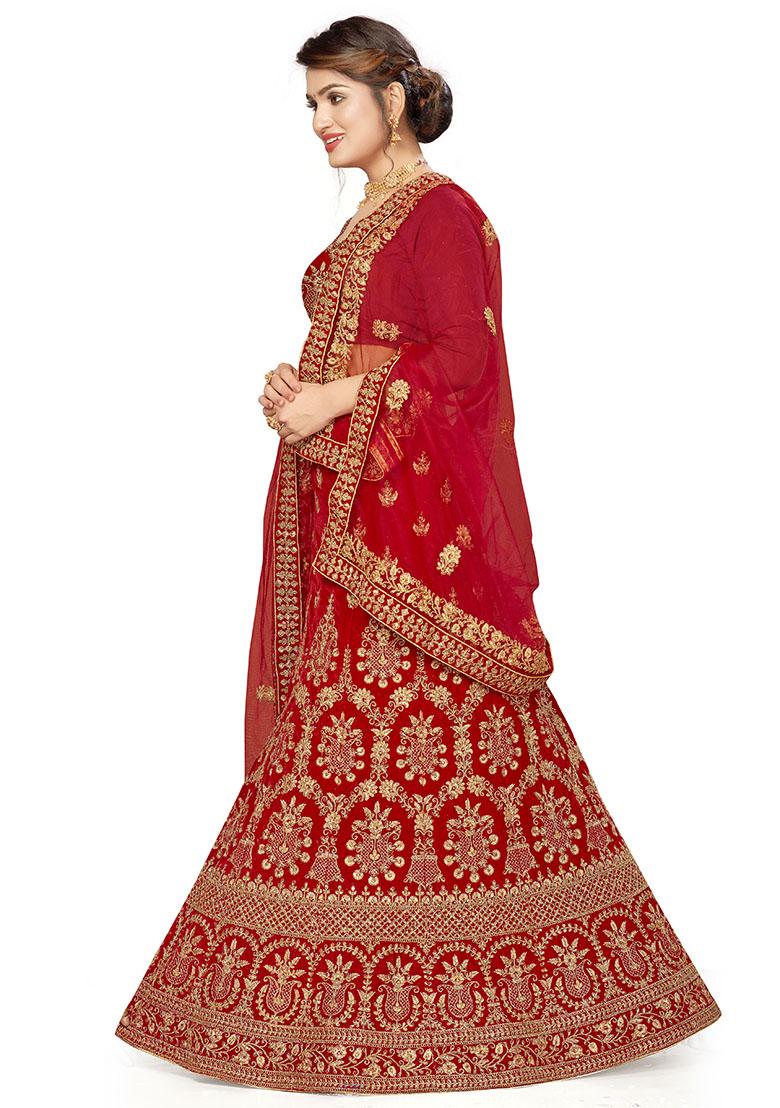 Red Embroidered Velvet Lehenga Set