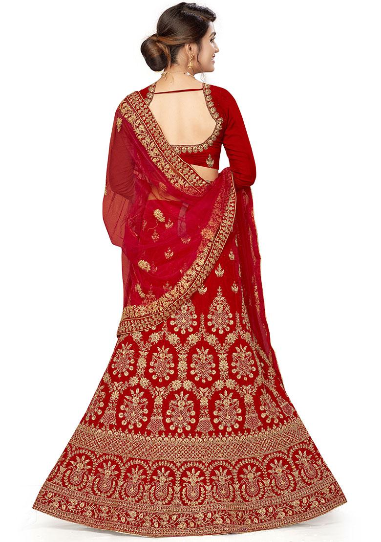 Red Embroidered Velvet Lehenga Set