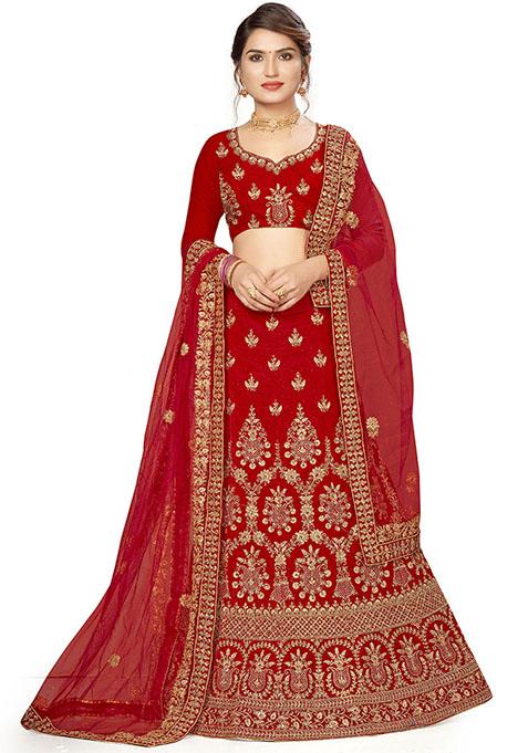 Red Embroidered Velvet Lehenga Set