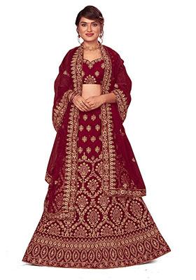 Maroon Embroidered Velvet Lehenga Set