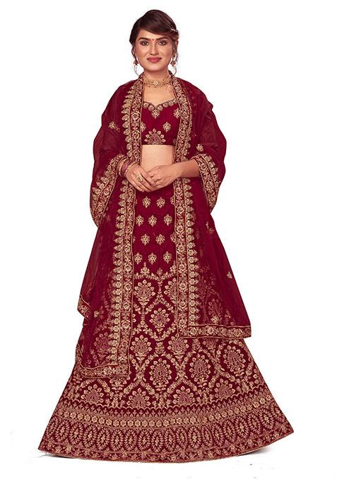 Maroon Embroidered Velvet Lehenga Set