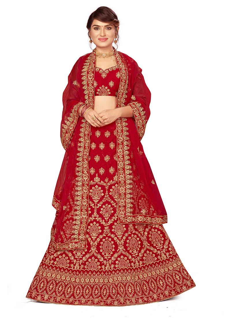 Red Embroidered Velvet Lehenga Set