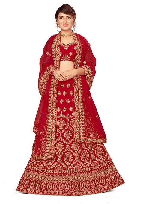 Red Embroidered Velvet Lehenga Set