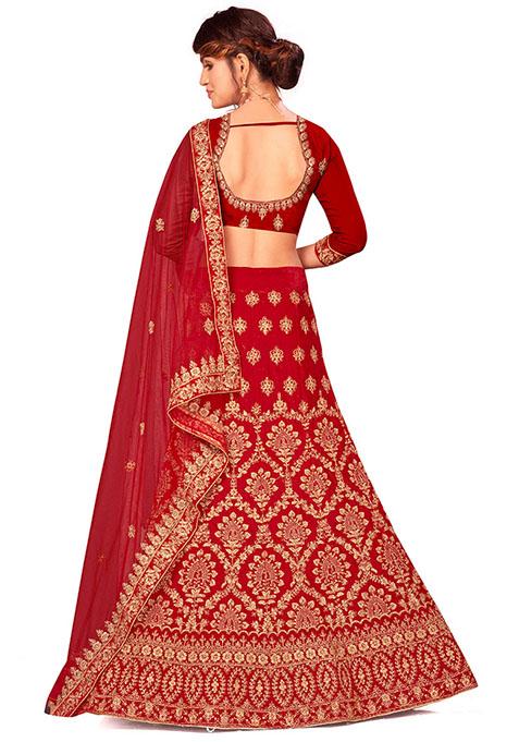 Red Embroidered Velvet Lehenga Set