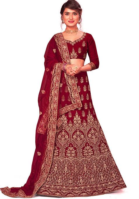 Maroon Embroidered Velvet Lehenga Set