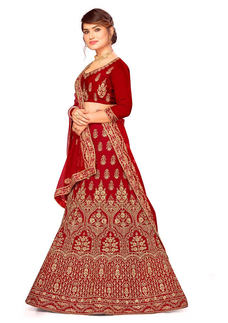 Red Embroidered Velvet Lehenga Set