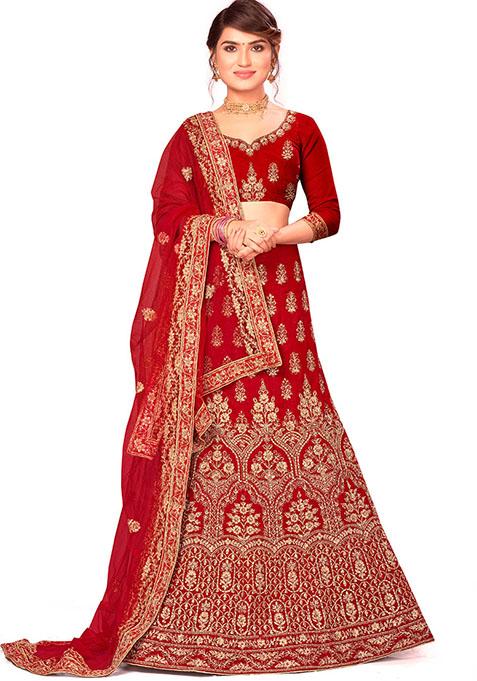 Red Embroidered Velvet Lehenga Set